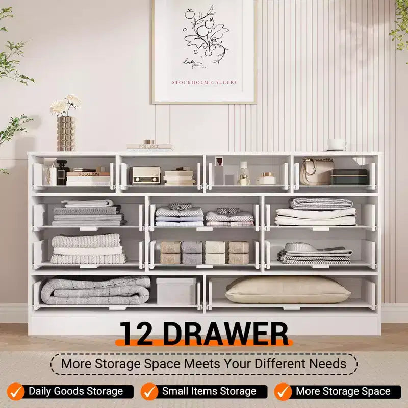 GustoWave Cassettiera in Legno Massello con 12 Cassetti in Rattan, Comò da Fattoria a 61 cassetti per Camera da Letto, Anti-ribaltamento Pesante