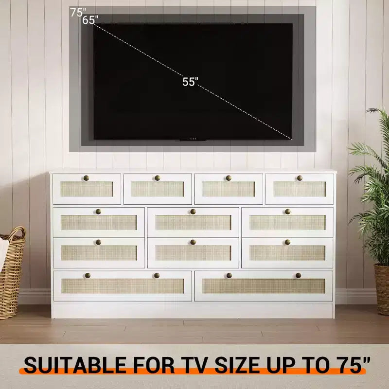 GustoWave Cassettiera in Legno Massello con 12 Cassetti in Rattan, Comò da Fattoria a 61 cassetti per Camera da Letto, Anti-ribaltamento Pesante