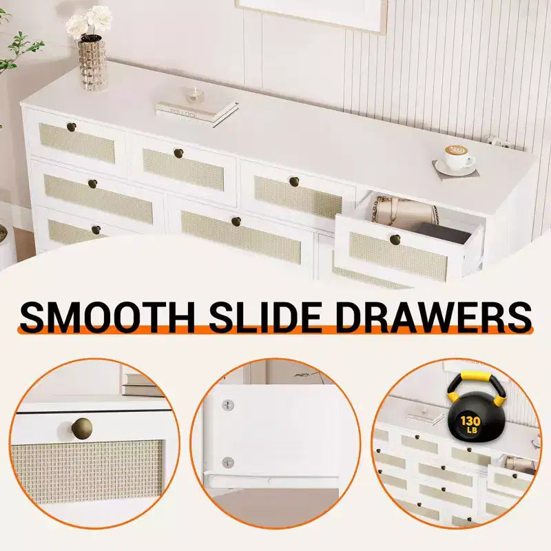 GustoWave Cassettiera in Legno Massello con 12 Cassetti in Rattan, Comò da Fattoria a 61 cassetti per Camera da Letto, Anti-ribaltamento Pesante