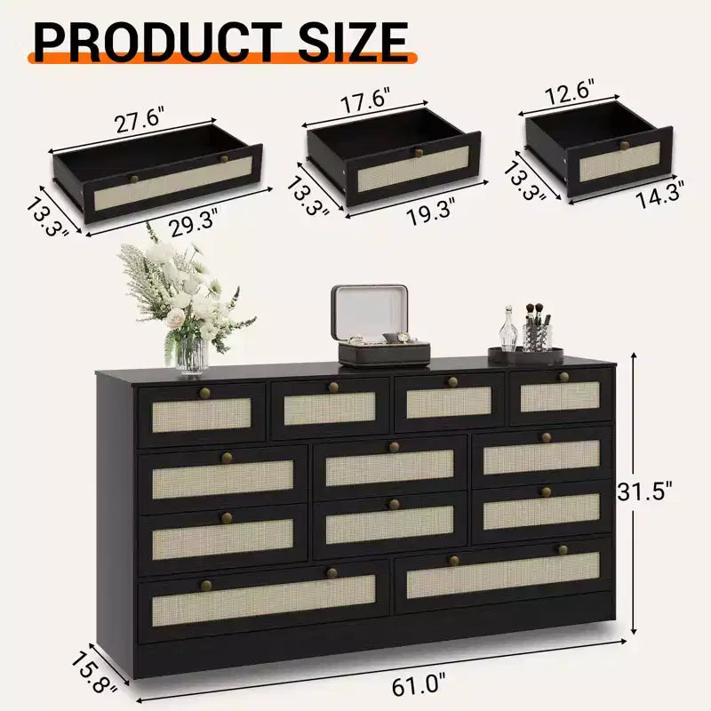 GustoWave Cassettiera in Legno Massello con 12 Cassetti in Rattan, Comò da Fattoria a 61 cassetti per Camera da Letto, Anti-ribaltamento Pesante