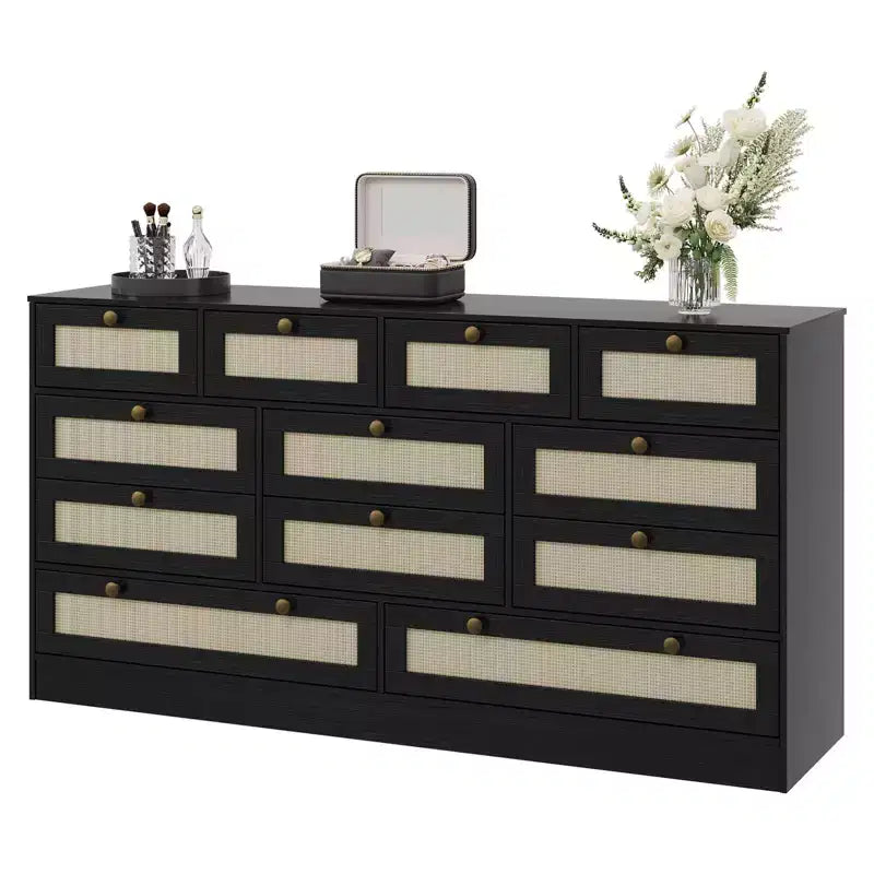 GustoWave Solid Wood Dresser with 12 Rattan Drawers, Farmhouse 61 Chest of Drawers for Bedroom, Heavyweight Anti-tipping