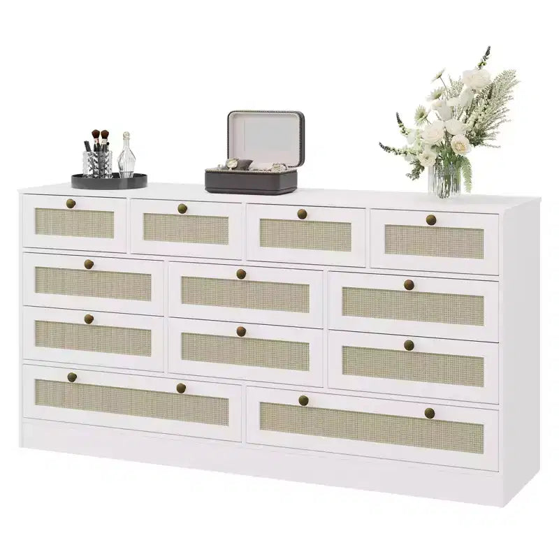 GustoWave Cassettiera in Legno Massello con 12 Cassetti in Rattan, Comò da Fattoria a 61 cassetti per Camera da Letto, Anti-ribaltamento Pesante
