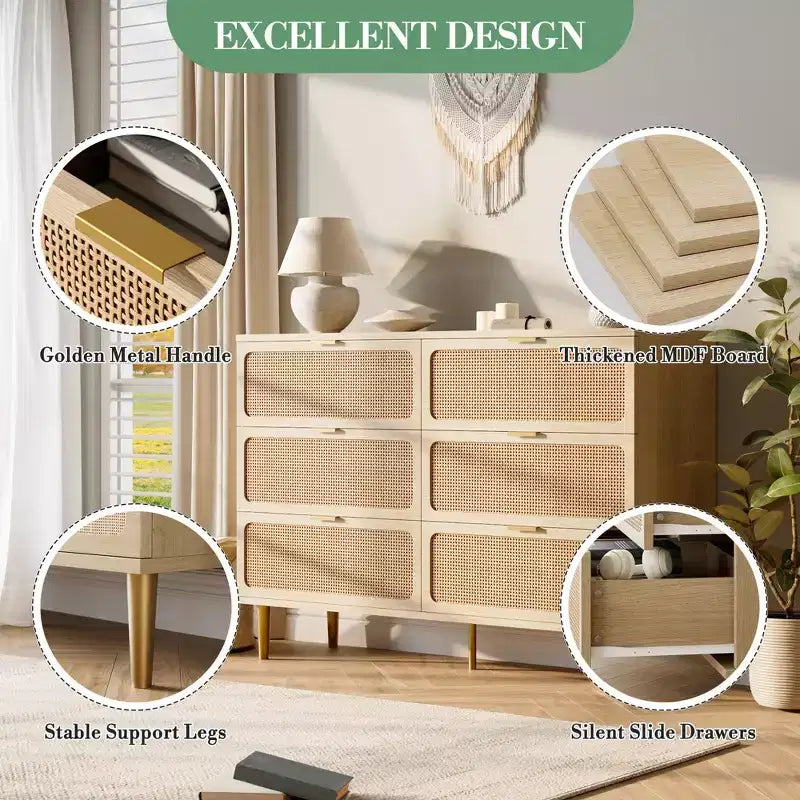 Comò in rattan per la camera da letto, cassettiere spaziose per l'armadio, adatte per il soggiorno, l'ingresso e la camera dei bambini.