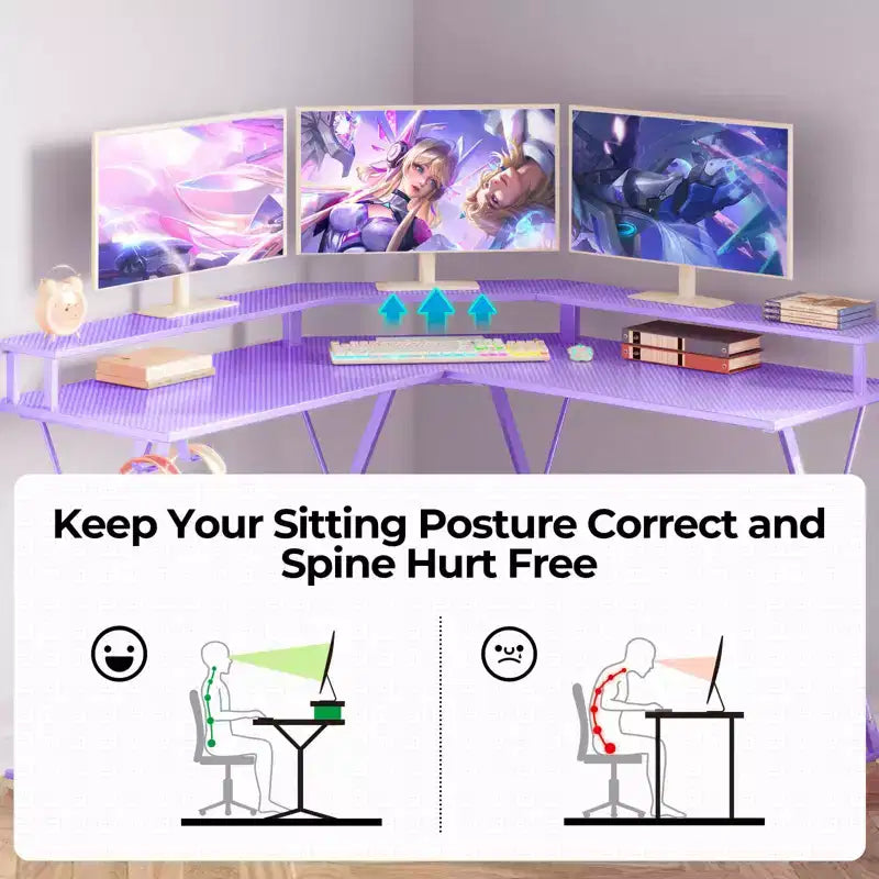 Scrivania a L Greenstell 128 cm – Superficie in fibra di carbonio con luce LED e prese di corrente, tavolo da gaming con supporto per monitor e gancio per cuffie