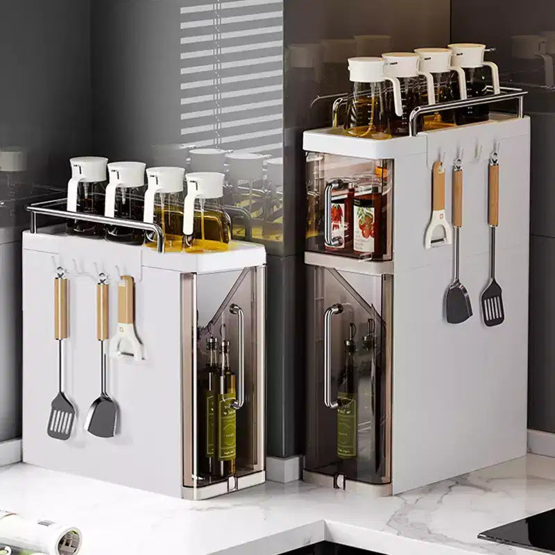 Seasoning Organizer ,Narrow Kitchen Spice Rack with Dust proof Doors & Hooks, Counter topGap Storage