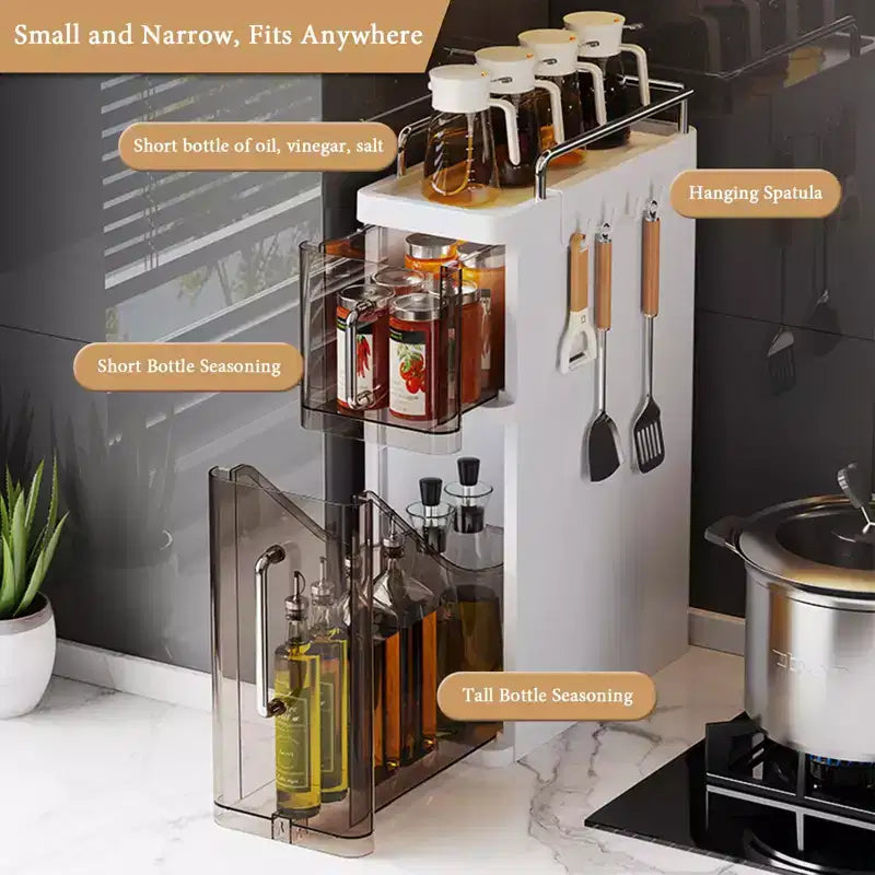 Organizzatore di spezie, scaffale stretto da cucina per spezie con ante antipolvere e ganci, portaoggetti da appoggio salvaspazio