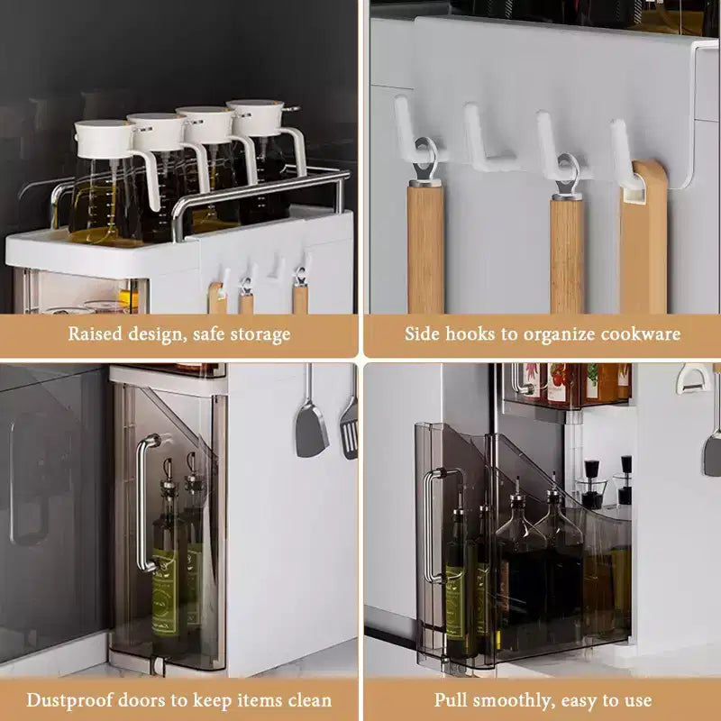 Organizzatore di spezie, scaffale stretto da cucina per spezie con ante antipolvere e ganci, portaoggetti da appoggio salvaspazio