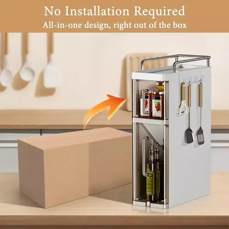 Organizzatore di spezie, scaffale stretto da cucina per spezie con ante antipolvere e ganci, portaoggetti da appoggio salvaspazio