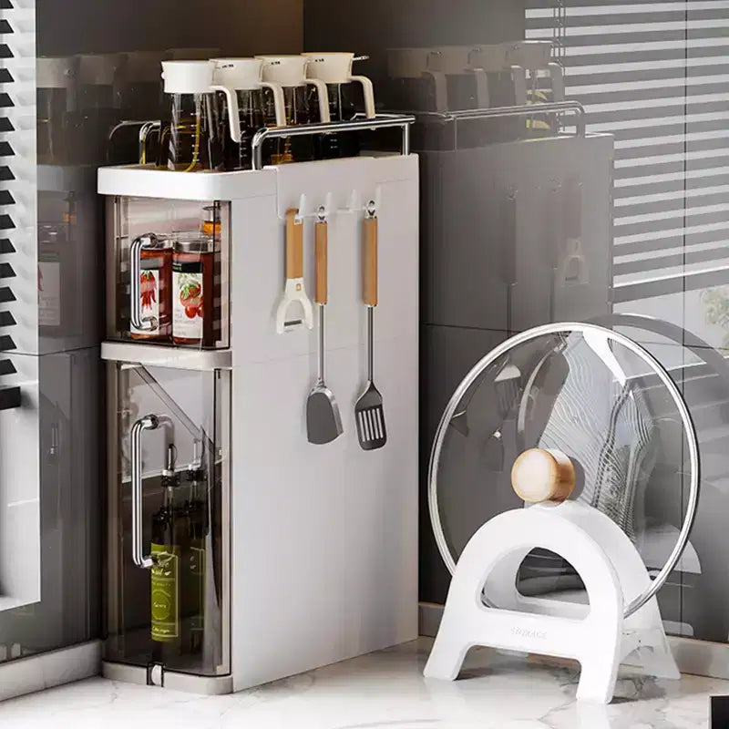 Organizzatore di spezie, scaffale stretto da cucina per spezie con ante antipolvere e ganci, portaoggetti da appoggio salvaspazio