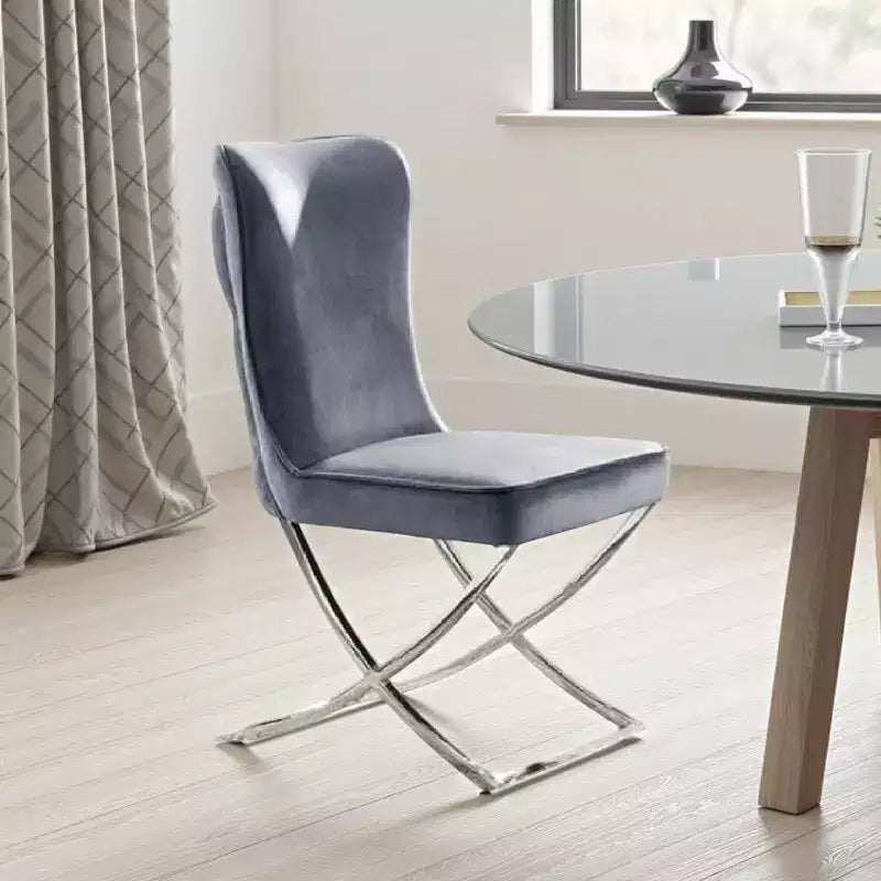 Royal Hampton Side Dining Chair Set of 2, Chrome Metal, Gray Button Tufted Velvet