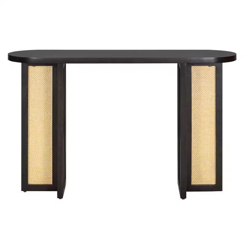 Consolle in Rattan con Contenitore, Tavolo Stretto da Ingresso in Legno per Soggiorno e Corridoio