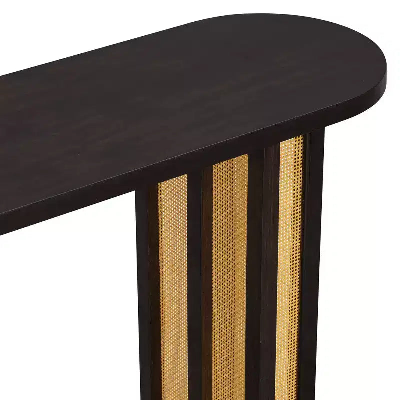 Consolle in Rattan con Contenitore, Tavolo Stretto da Ingresso in Legno per Soggiorno e Corridoio