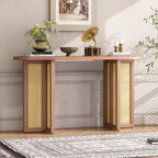 Consolle in Rattan con Contenitore, Tavolo Stretto da Ingresso in Legno per Soggiorno e Corridoio
