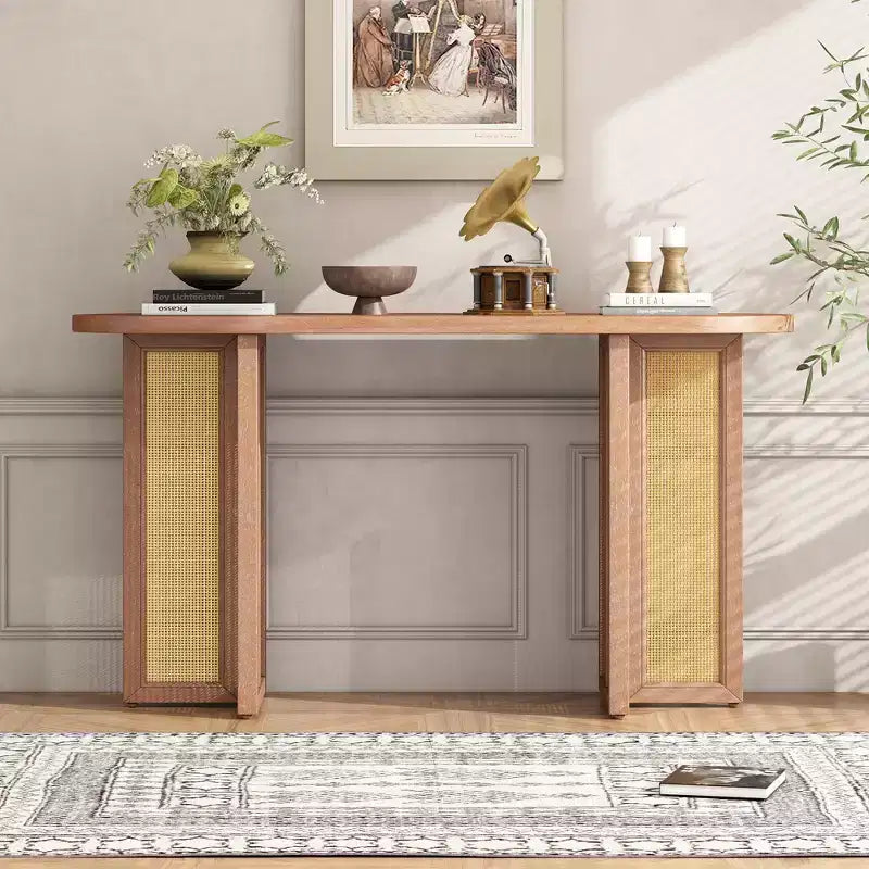 Consolle in Rattan con Contenitore, Tavolo Stretto da Ingresso in Legno per Soggiorno e Corridoio