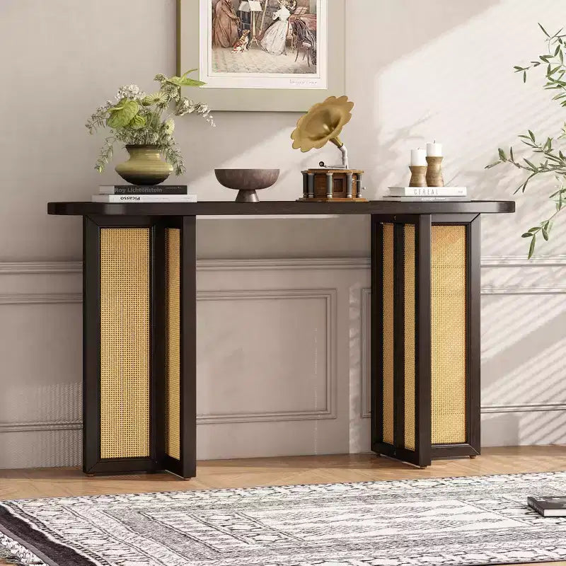 Consolle in Rattan con Contenitore, Tavolo Stretto da Ingresso in Legno per Soggiorno e Corridoio