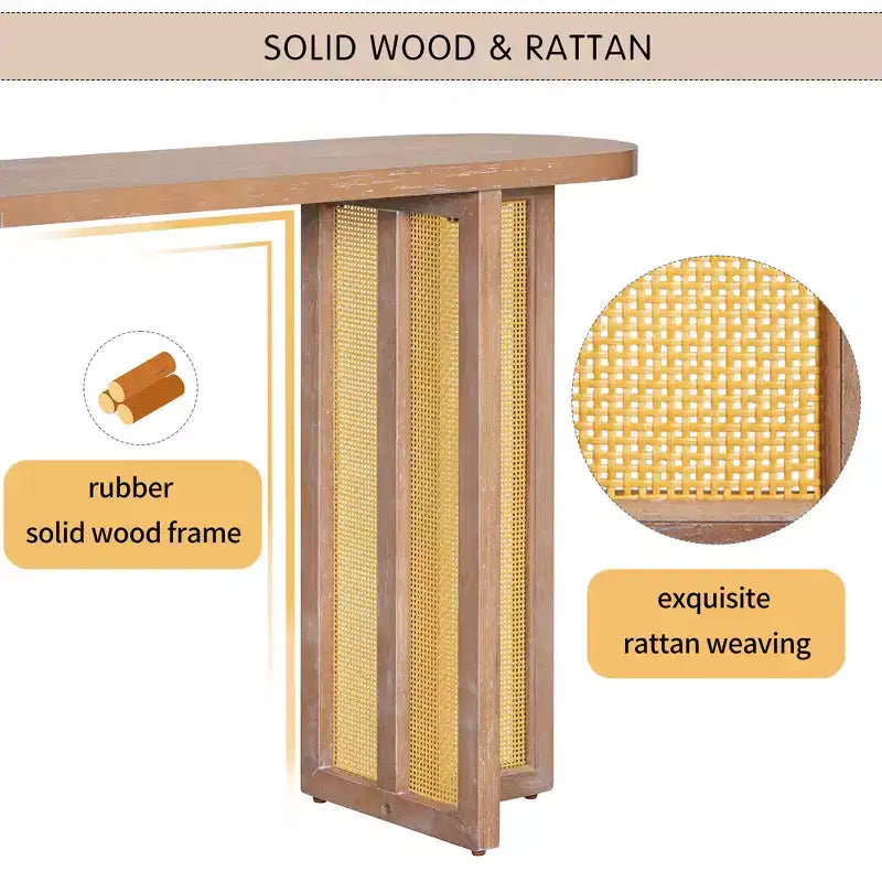 Consolle in Rattan con Contenitore, Tavolo Stretto da Ingresso in Legno per Soggiorno e Corridoio