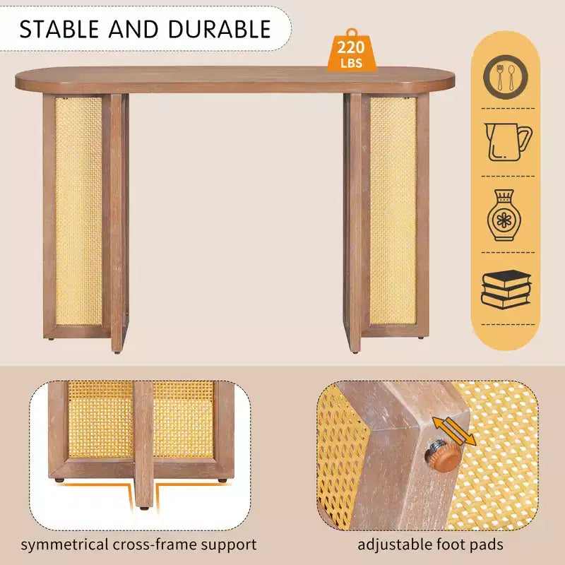 Consolle in Rattan con Contenitore, Tavolo Stretto da Ingresso in Legno per Soggiorno e Corridoio