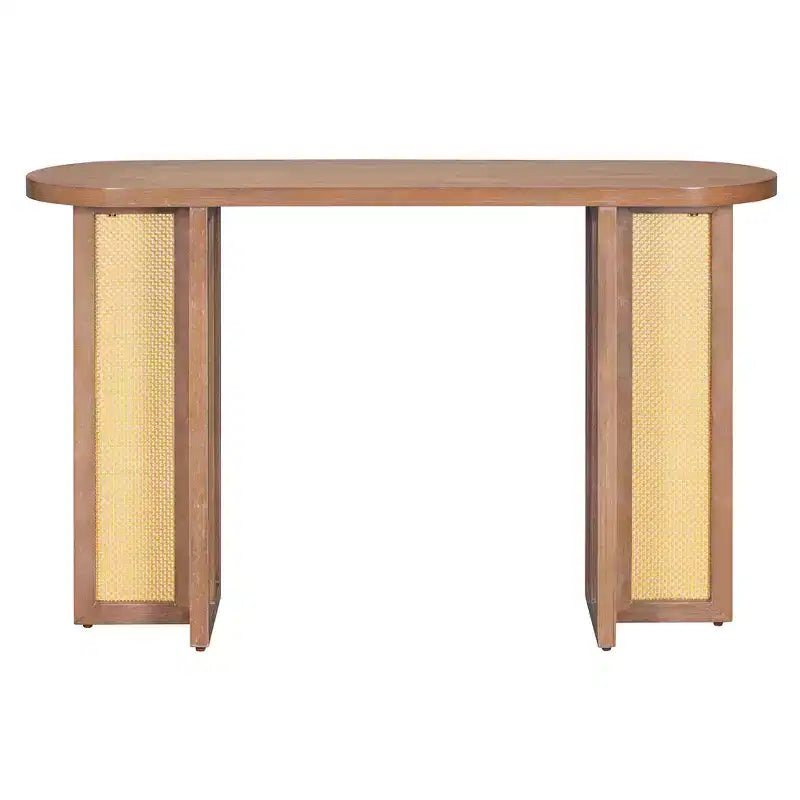 Consolle in Rattan con Contenitore, Tavolo Stretto da Ingresso in Legno per Soggiorno e Corridoio
