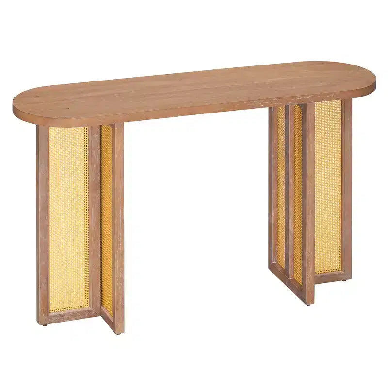 Consolle in Rattan con Contenitore, Tavolo Stretto da Ingresso in Legno per Soggiorno e Corridoio