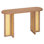 Consolle in Rattan con Contenitore, Tavolo Stretto da Ingresso in Legno per Soggiorno e Corridoio