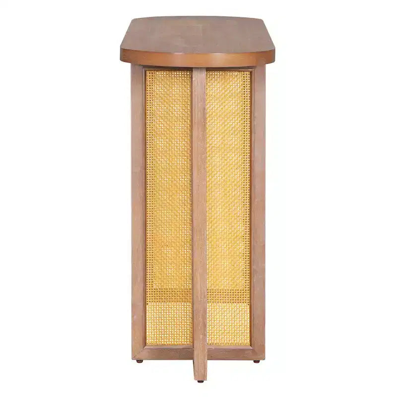 Consolle in Rattan con Contenitore, Tavolo Stretto da Ingresso in Legno per Soggiorno e Corridoio