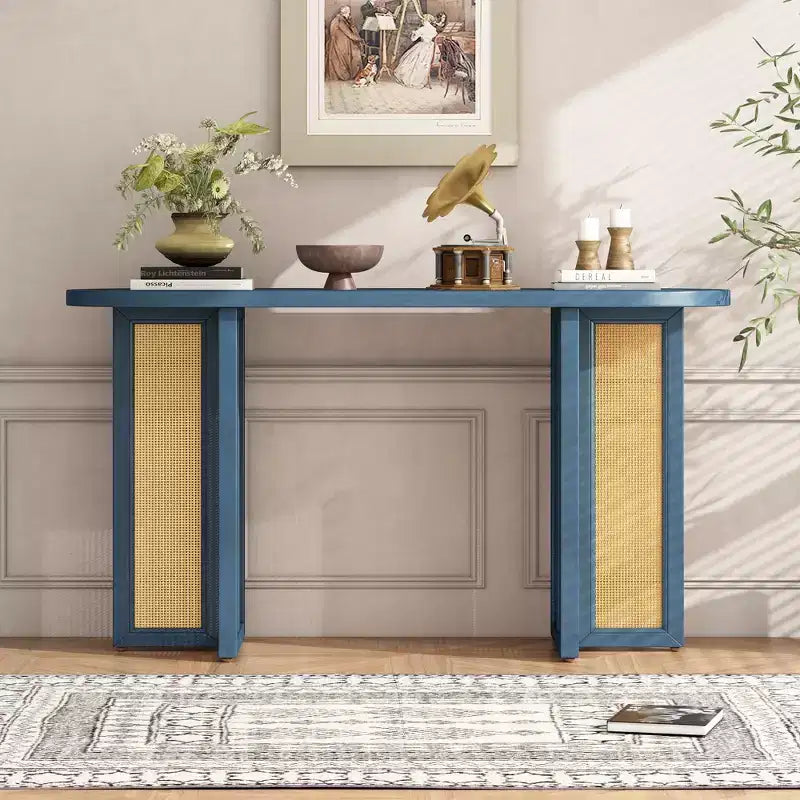 Consolle in Rattan con Contenitore, Tavolo Stretto da Ingresso in Legno per Soggiorno e Corridoio