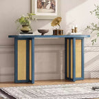 Consolle in Rattan con Contenitore, Tavolo Stretto da Ingresso in Legno per Soggiorno e Corridoio