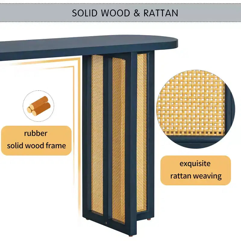 Consolle in Rattan con Contenitore, Tavolo Stretto da Ingresso in Legno per Soggiorno e Corridoio