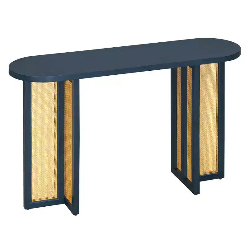 Consolle in Rattan con Contenitore, Tavolo Stretto da Ingresso in Legno per Soggiorno e Corridoio