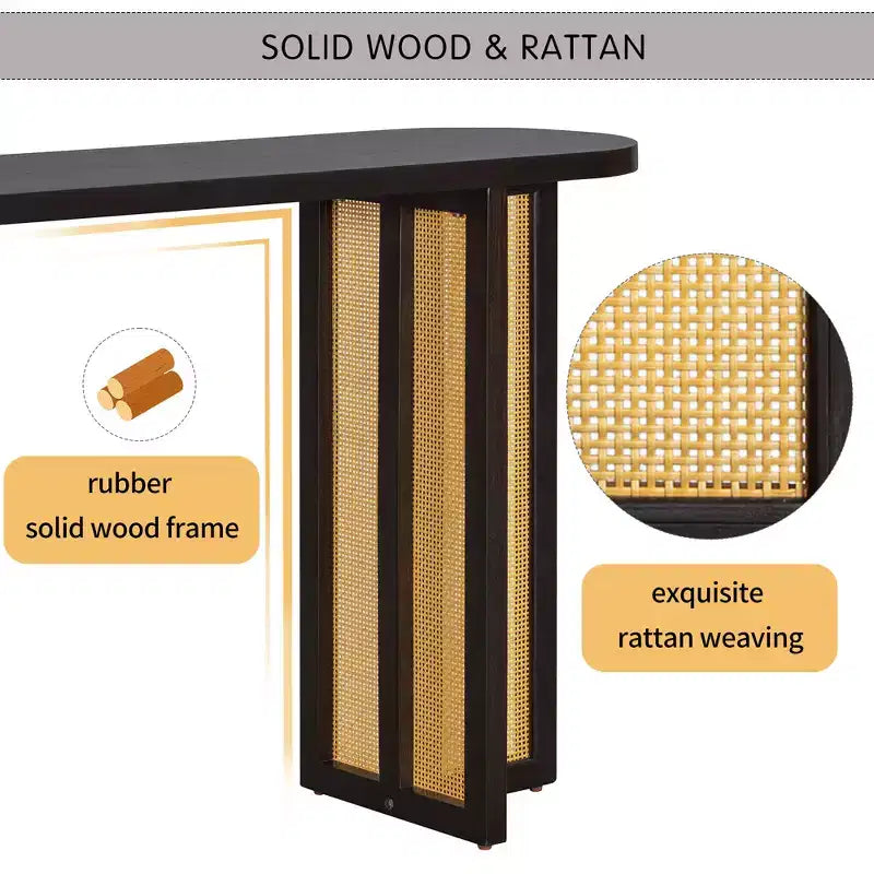 Consolle in Rattan con Contenitore, Tavolo Stretto da Ingresso in Legno per Soggiorno e Corridoio