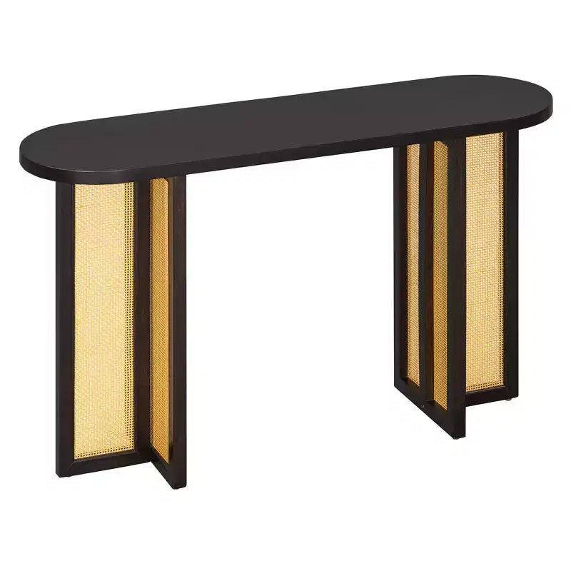 Consolle in Rattan con Contenitore, Tavolo Stretto da Ingresso in Legno per Soggiorno e Corridoio