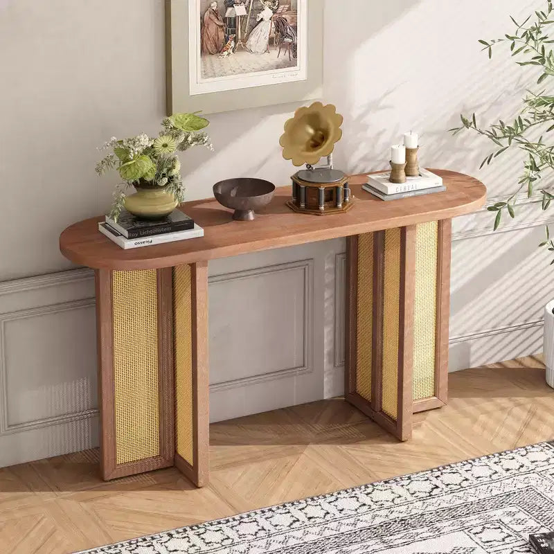 Consolle in Rattan con Contenitore, Tavolo Stretto da Ingresso in Legno per Soggiorno e Corridoio