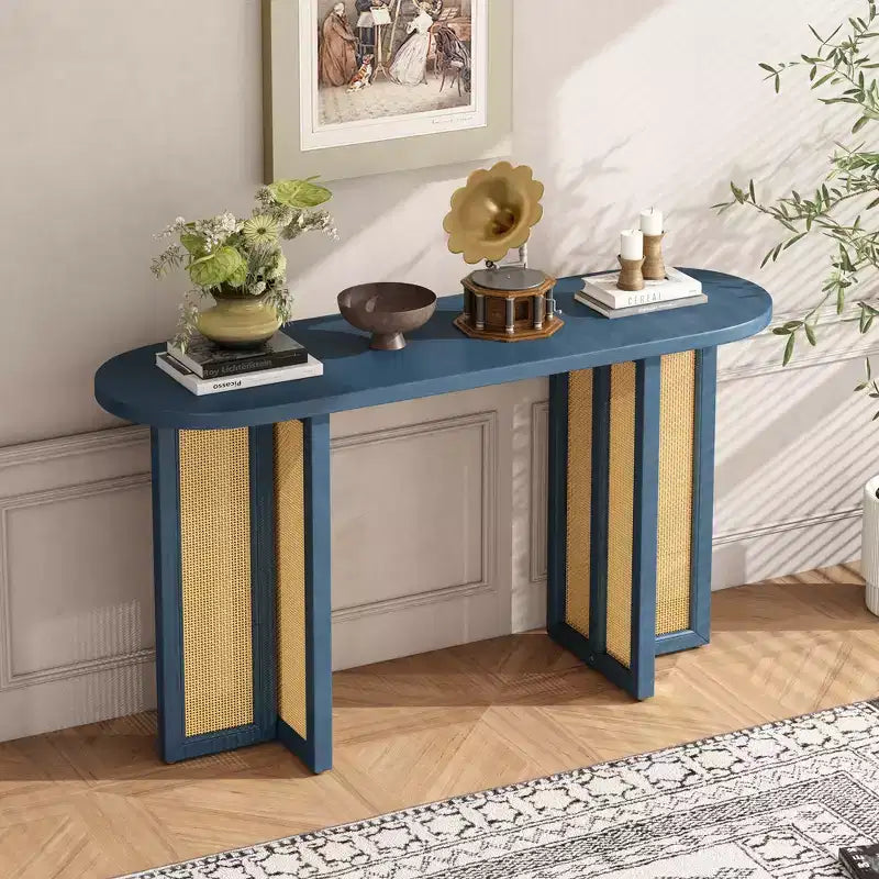 Consolle in Rattan con Contenitore, Tavolo Stretto da Ingresso in Legno per Soggiorno e Corridoio