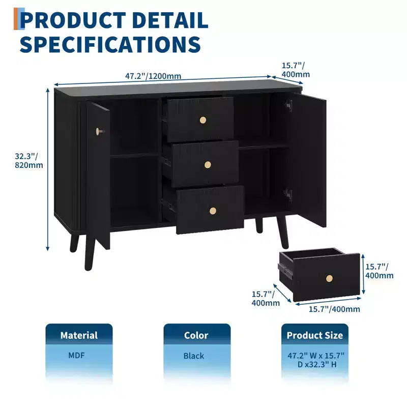 Cassettiera a 3 cassetti, armadio stretto da cucina, credenza moderna con scanalature laterali