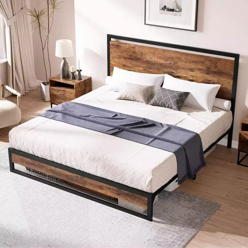 Struttura Letto con Testiera e Pediera in Legno, 6 Pollici di Spazio Contenitore Sotto il Letto, Letto a Piattaforma Stabile, Nessuna Rete a Molle, Facile da Montare