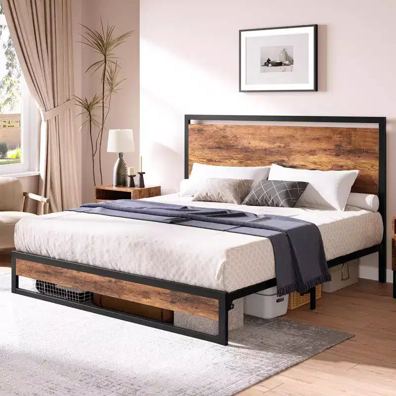 Struttura Letto con Testiera e Pediera in Legno, 6 Pollici di Spazio Contenitore Sotto il Letto, Letto a Piattaforma Stabile, Nessuna Rete a Molle, Facile da Montare