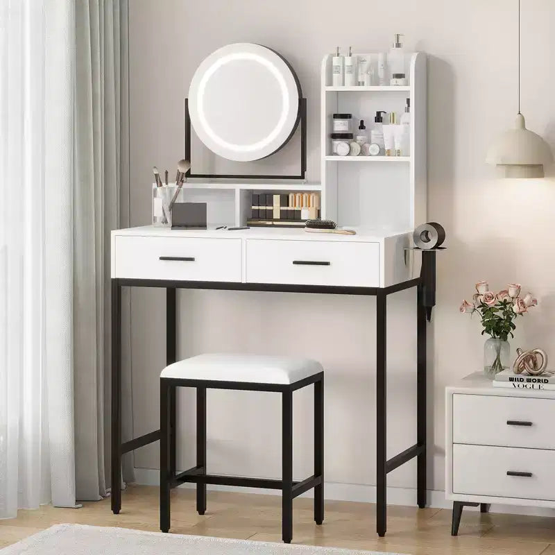 Toeletta con specchio girevole, toeletta trucco con specchio regolabile, tavolo da trucco con 2 cassetti, ripiani portaoggetti e sgabello per camera da letto
