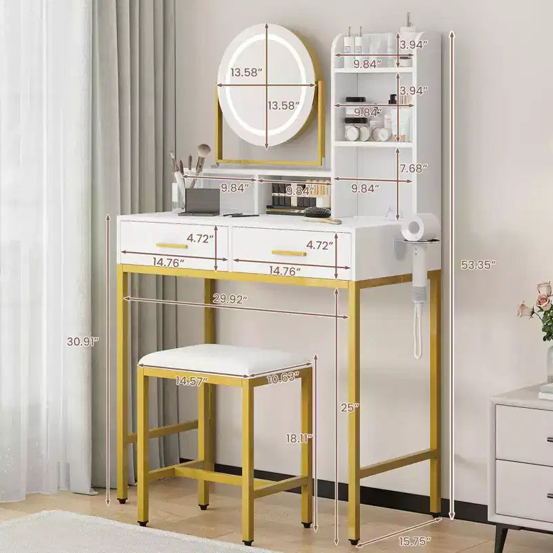 Toeletta con specchio girevole, toeletta trucco con specchio regolabile, tavolo da trucco con 2 cassetti, ripiani portaoggetti e sgabello per camera da letto