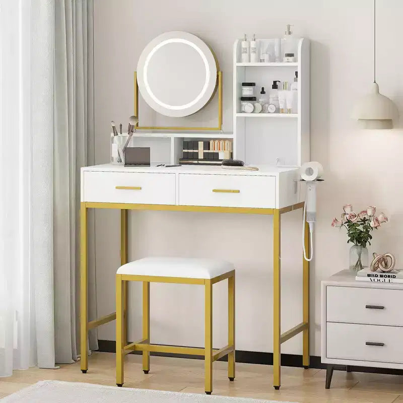 Toeletta con specchio girevole, toeletta trucco con specchio regolabile, tavolo da trucco con 2 cassetti, ripiani portaoggetti e sgabello per camera da letto
