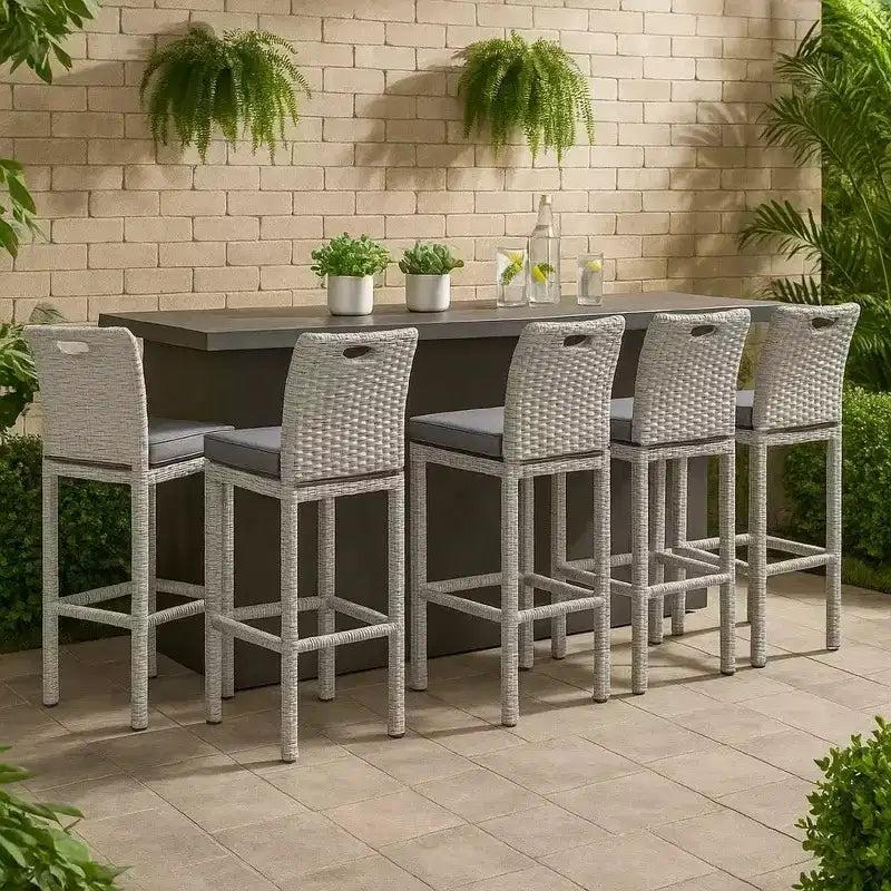 Set di 6 sedie da bar Royal Hampton, cuscino spesso, struttura in vimini grigio