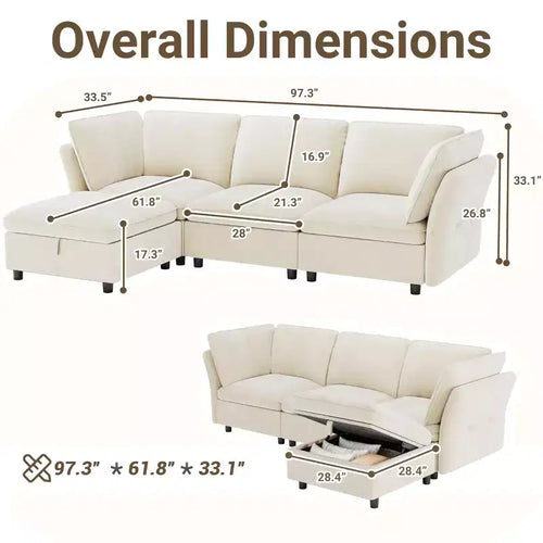 Divano Sezionale Modulare a L da 97", con Spazio Contenitore, Divano Comodo a Nuvola a 4 Posti con Pouf Mobile, Seduta Profonda, Divani Sezionali Moderni