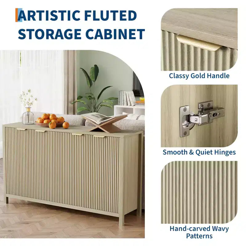 COZONY 55 Mobile Credenza Moderno con Ante Scanalate e Ripiani Regolabili, Credenza a 4 Ante in Legno per Sala da Pranzo, Cucina e Soggiorno