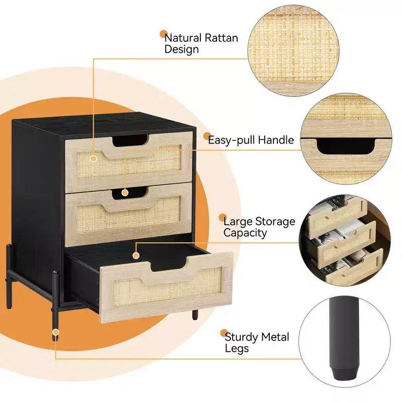 Comodino intrecciato GustoWave con gambe in ferro, comodino decorativo a tre cassetti per camera da letto/salotto