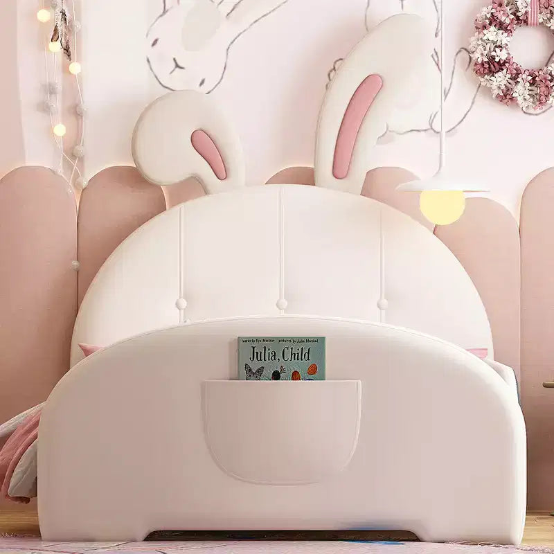 Letto Imbottito Singolo, Struttura Letto Principessa a Forma di Coniglio per Bambini e Bambine, Letto a Piattaforma Singolo con Testiera e Pediera per Bambini