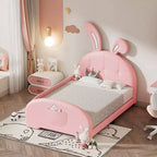Letto Imbottito Singolo, Struttura Letto Principessa a Forma di Coniglio per Bambini e Bambine, Letto a Piattaforma Singolo con Testiera e Pediera per Bambini