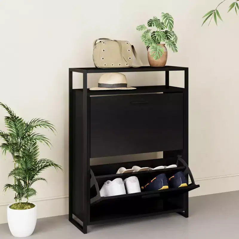 eHemco Scarpiere a 2 Ante con Ripiano, Organizzatore Moderno, Struttura in Metallo Nero, 2 Cassetti a Ribalta