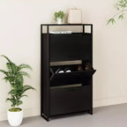 Scarpiera a 3 ante eHemco con ripiano, organizer moderno, struttura in metallo nero, 3 cassetti a ribalta