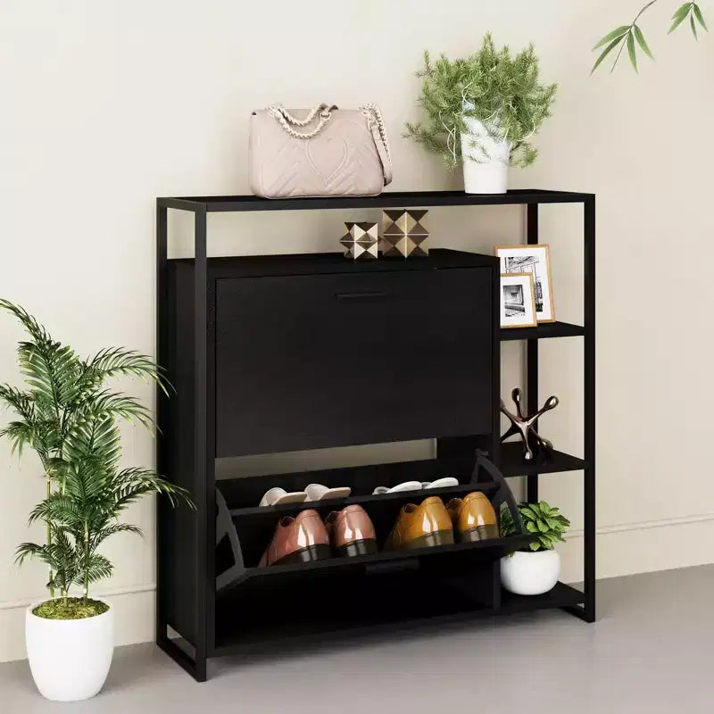 eHemco Scarpiera a 2 ante con 4 ripiani, organizer moderno, struttura in metallo nero, 2 cassetti a ribalta