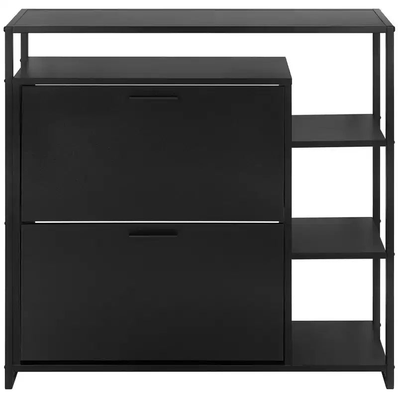 eHemco Scarpiera a 2 ante con 4 ripiani, organizer moderno, struttura in metallo nero, 2 cassetti a ribalta