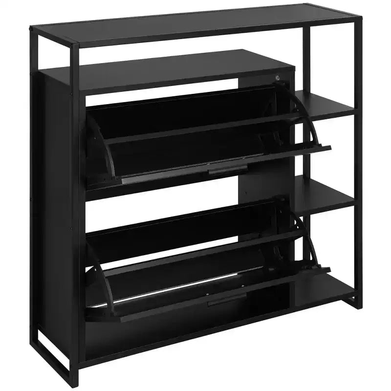 eHemco Scarpiera a 2 ante con 4 ripiani, organizer moderno, struttura in metallo nero, 2 cassetti a ribalta